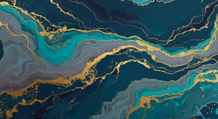 Abstract fluid art with blue, gold, and gray.

