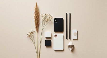 Aesthetic Balance: Modern Gadgets and Dried Botanicals in a Neutral Flat Lay