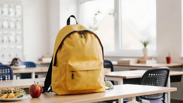 Yellow backpack with apple and copybooks on desk in classroom