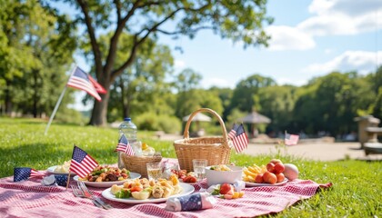 Patriotic Memorial Day picnic setup in sunny park with American flag decor. Red checkered blanket holds picnic baskets filled with food, drinks, plates of salads, fried potatoes, fruit. Outdoor