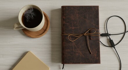 Analog Soul, Digital Life: A Rustic Leather Journal with Steaming Coffee and Modern Tech