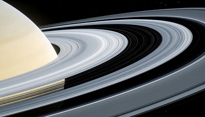 Close-up view of a planet's ring system, showcasing intricate details and textures of the rings