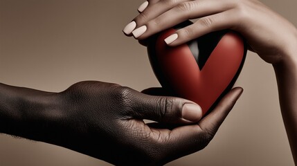 Diverse Hands Holding Red Heart – Symbol of Love, Unity, Support and Interracial Relationships