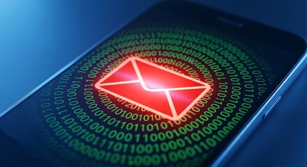 Red email icon surrounded by binary code on a smartphone screen.
