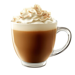 Delicious Coffee Beverage in a Clear Glass Mug Topped with Whipped Cream and Cinnamon, Perfect for a Cozy Morning or Afternoon Treat on transparent background