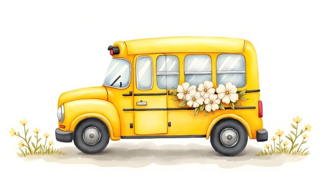 A yellow school bus with a "STOP" sign is illustrated in a soft watercolor style, with delicate white flowers and green vines winding around it. - Powered by Adobe