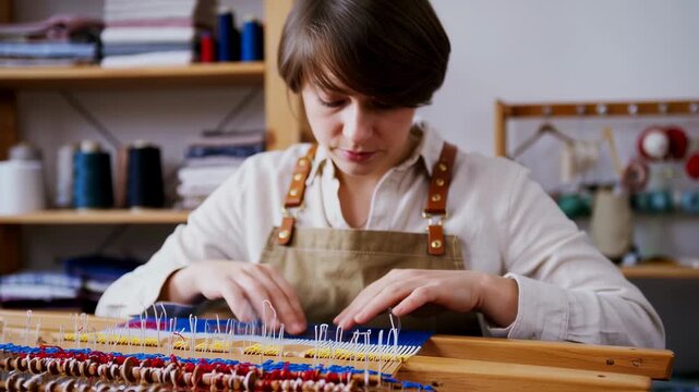 Woman weaving vibrant textile art on wooden loom, crafting artistic fabric design
