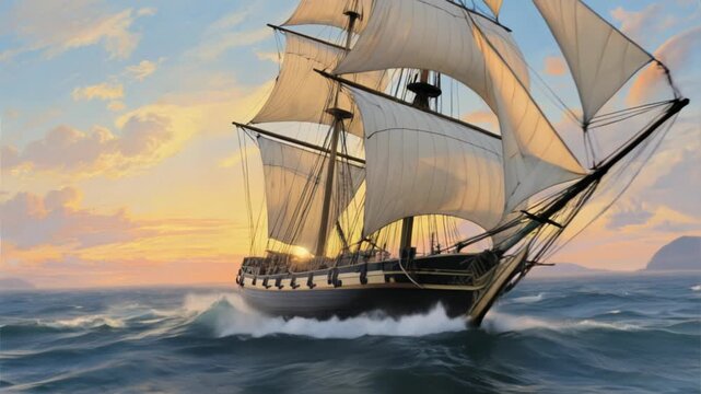 Sailing ship on the sea at sunset with tall masts and vintage sails