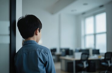 Fototapeta premium Asian child in blue shirt stands back to camera in modern office. AI generated image shows kid looking out large window. Focus on child solitary presence in empty workspace.
