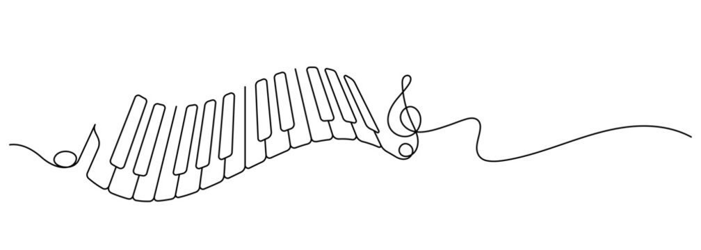piano keyboard curve shape one line continuous drawing and music notes minimalism decorative art