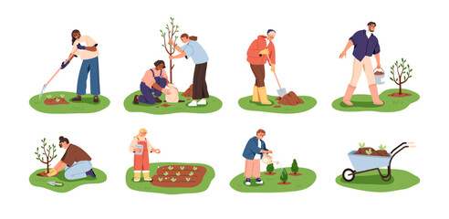 Fototapeta premium Planting trees, growing sapling, seeding, caring about seedling set. People, men, women, kids sowing in garden, park, farm. Work in nature. Flat vector illustrations isolated on white background