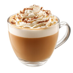 Delicious foamy latte with whipped cream and chocolate powder in a clear glass mug, perfect for a cozy break, offering warmth and indulgence on transparent background