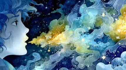Whimsical Childlike Girl with Blue Hair Dreaming in Surreal Cosmic Night Scene