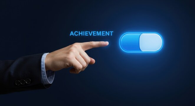 Businessman's Hand Poised to Activate a Luminous Blue Achievement Toggle