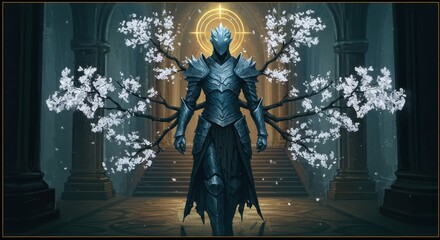Celestial Knight with White Blossom Wings and a Luminous Golden Halo