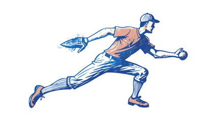 Obraz premium A vintage baseball player in action, isolated on white background, throwing the ball with determination and skill in a retro style illustration