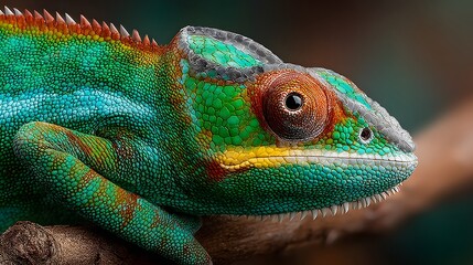 Obraz premium Colorful Green Red Yellow Chameleon Resting on Branch Close Up
