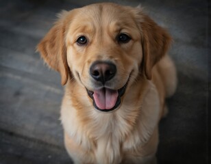 Adorable golden retriever puppy looks directly at camera with happy expression, tongue out. Cute dog sits on wooden floor, perfect for pet lovers, families, anyone seeking cheerful canine