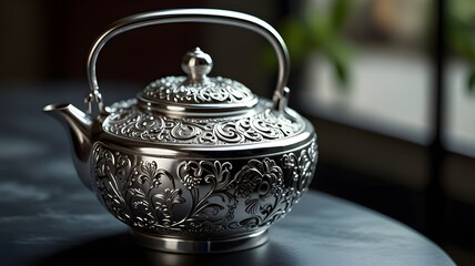 A gleaming silver teapot with intricate details 