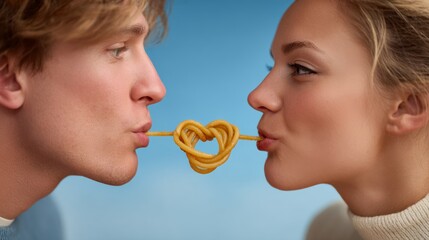 Man and a woman are eating spaghetti together, with the man holding the spaghetti in a heart shape