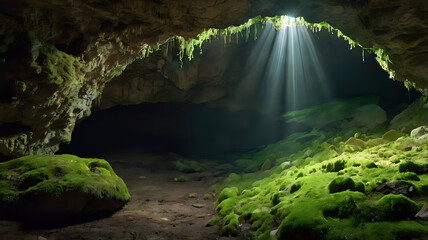 3D natural cave entrance with glowing moss, underground stream, and light rays breaking through the rocky ceilings