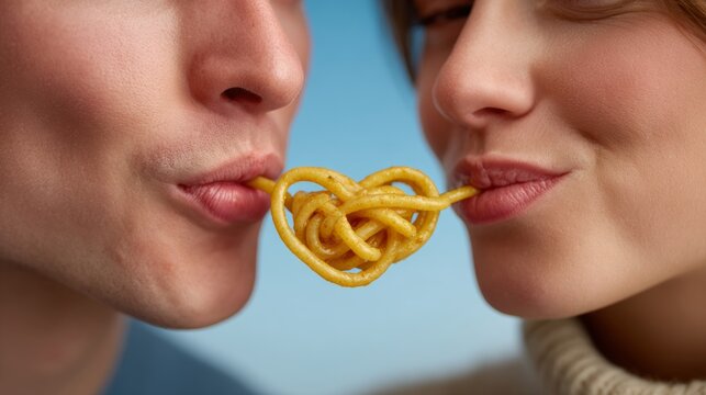 Man and woman are eating spaghetti together, with the man holding the spaghetti in his mouth. The woman is smiling and the man is looking at her. Scene is lighthearted and playful - Powered by Adobe