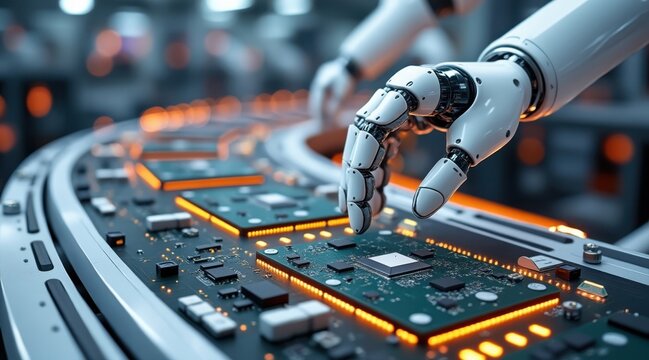 Robotic arm precisely places glowing circuit boards on an assembly line