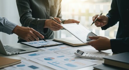 [Collaborative Data Analysis: Business Team Strategizing with Tablet and Financial Reports]