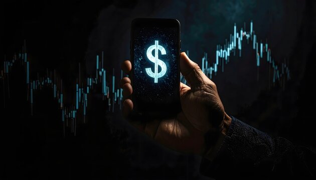 A person's hand holding a smartphone with a glowing dollar sign on the screen against a background of a digital stock market graph.