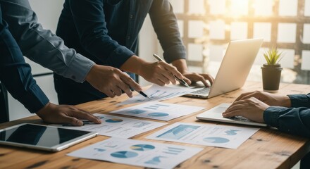 Collaborative Team Analyzing Business Data Charts in a Sunlit Modern Office