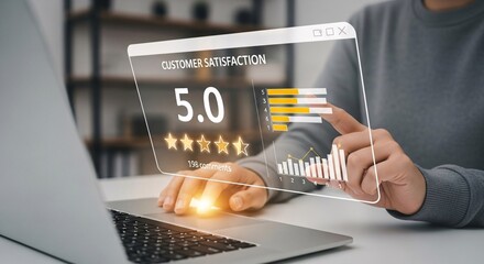 Customer Satisfaction Rating Concept. Person typing on laptop with showing five star customer satisfaction rating, bar graph, and review comment count, symbolizing service quality feedback.