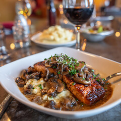 Pan- Seared Salmon with Creamy Mushroom Sauce and Mashed Potatoes pan-seared salmon fish
