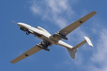 Military drone in flight, carrying bombs