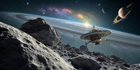 A stunning view of a space station orbiting an asteroid, with a ringed planet in the background, showcasing the wonders of space exploration and the potential for future civilizations beyond earth