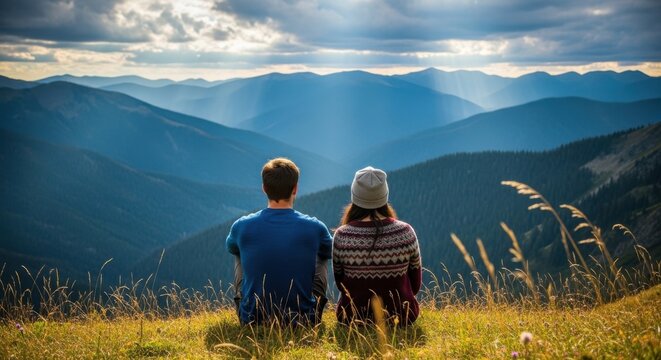A couple sitting on a grassy hill, enjoying the scenic mountain view and the tranquility of nature on a sunny day - Powered by Adobe