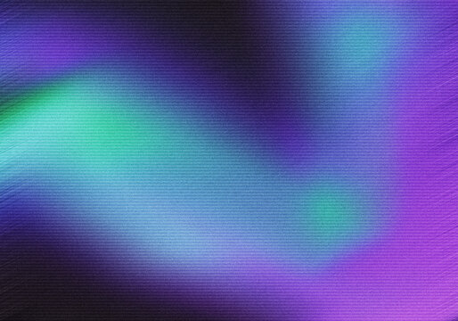 Green blue and purple glowing shape on black grainy background, soft gradient blur texture with noise effect design