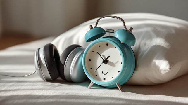 Blue alarm clock with a white face sits on a white pillow. The clock reads 7:30