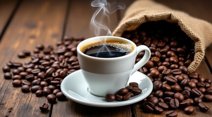 Obraz premium Steaming hot coffee cup surrounded by roasted coffee beans on wooden table