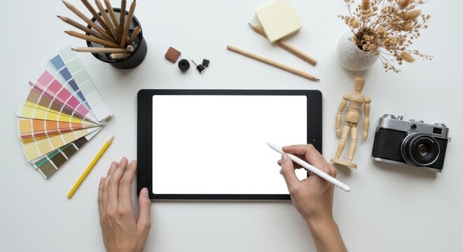 Creative Workspace Flat Lay: Hands on Tablet Mockup with Art Supplies and Vintage Camera.