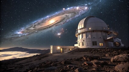 A breathtaking view of an astronomical observatory under a starry night sky, with the majestic andromeda galaxy shining brightly above the mountain peak, inviting exploration and scientific discovery