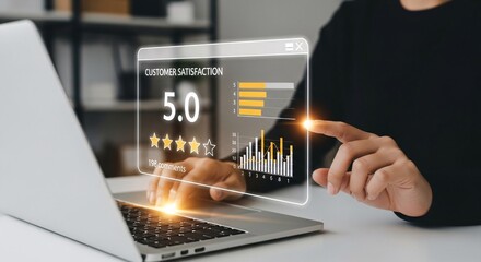 Customer Satisfaction Rating Concept. Person typing on laptop with showing five star customer satisfaction rating, bar graph, and review comment count, symbolizing service quality feedback.