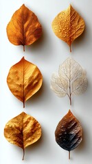 Fototapeta premium Colorful autumn leaves with intricate details arranged on a light background highlighting seasonal beauty