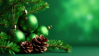 Fototapeta premium Elegant green Christmas wallpaper with shimmering ornaments and pine cones , texture, festive background, winter