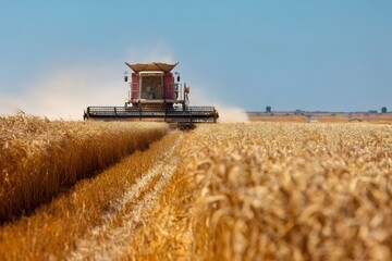 Obraz premium Golden wheat field with a combine harvester in the distance under clear blue skies.
