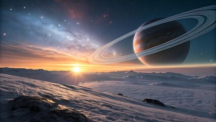 A breathtaking view of a ringed planet rising above a snowcovered landscape under a vibrant sunset sky, showcasing the beauty and wonder of space exploration and the vastness of the universe
