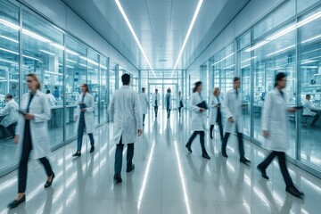 Modern Science Lab. Scientists In White Coats Walk Through Bright Laboratory Hall