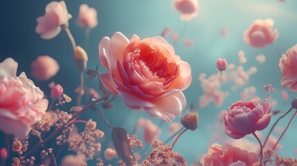 A dreamy scene of pink roses with a soft blue background creates a romantic and ethereal feeling