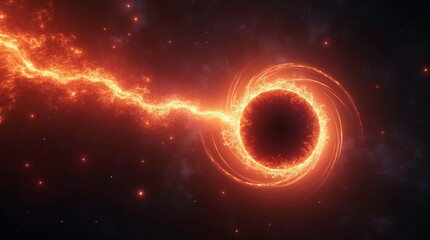 Obraz premium Massive colorful black hole with planets orbiting in distant galaxy. Swirling accretion disk glows with intense orange light. textured planet dominates foreground. Cosmic nebula, stars fill