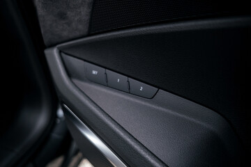 Interior of a premium electric SUV, black leather, aluminum, decorative elements.