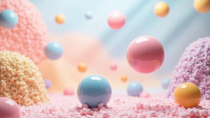Whimsical pastel spheres float in a dreamy candy land environment with soft fluffy mounds